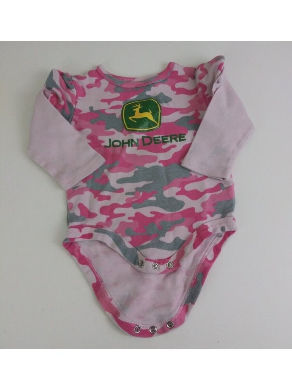 John Deere Infant Girls Long Sleeve Pink & Gray Camo Body Suit Size 6 Months